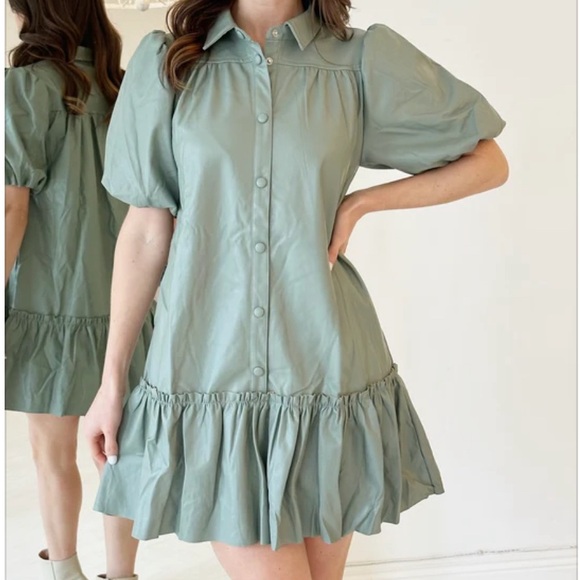 Faux Leather Puff Sleeved Snap Button Front Flare Hem Mini Dress Sage L/14/16 - Picture 4 of 6